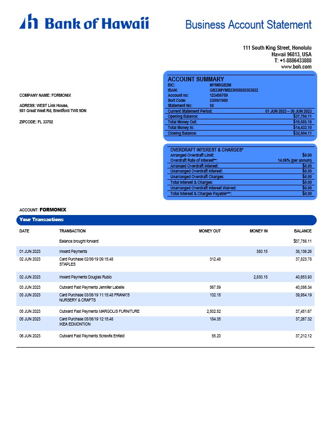Modèle Word et PDF de relevé de compte d'entreprise de la Bank of Hawaii